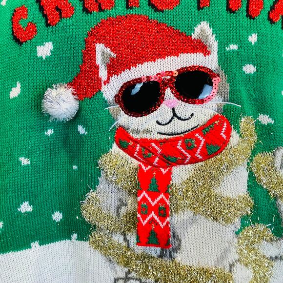 Major Label Group Cool Cat MEOWY CHRISTMAS Ugly Christmas Sweater Size Large - Picture 2 of 5